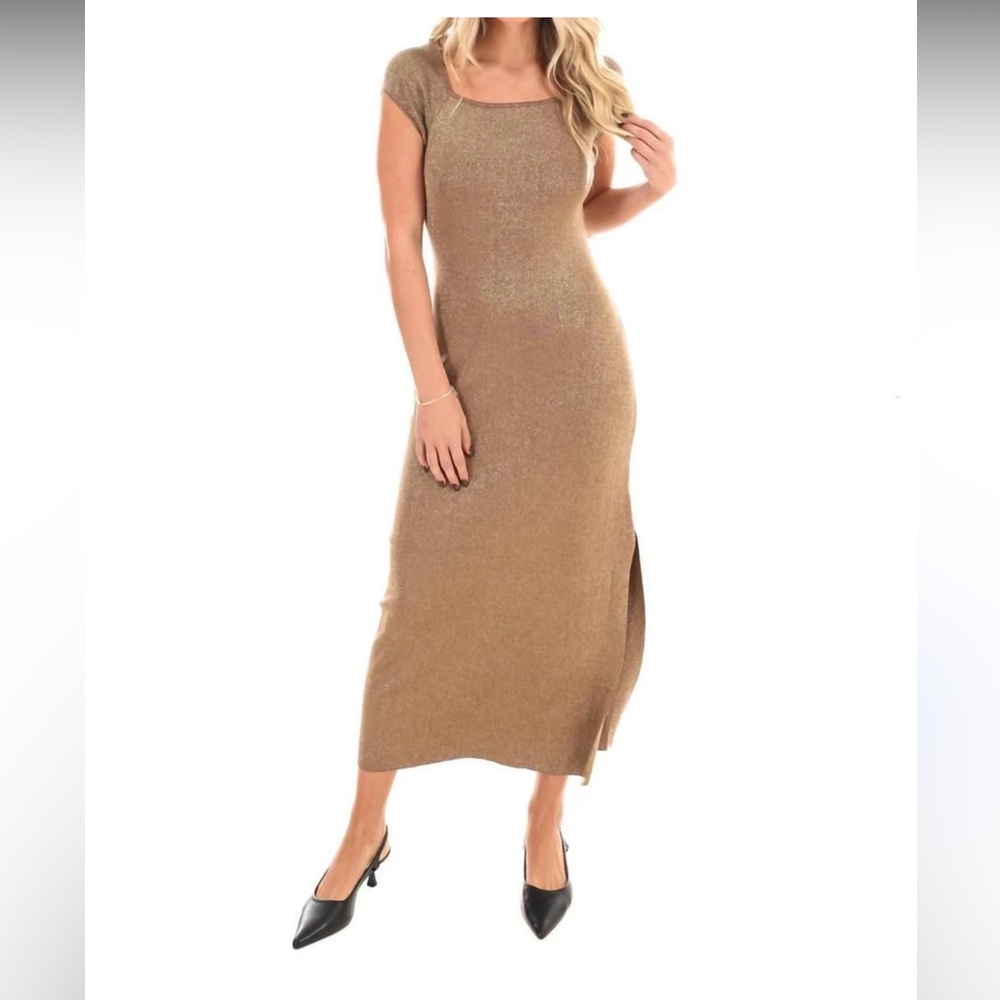 Le Lis Collection Maxi Bodycon Metallic Gold Glitter Cap Sleeve Dress